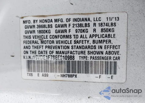 2014 Acura Ilx 2.0L z USA, uszkodzony, nr VIN 19VDE1F78EE010988